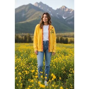 Vintage Field Gear Women's PL Yellow Floral Embellishment Ruffle Trim Cardigan